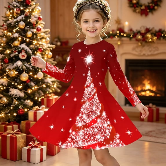 Girls' Long Sleeved Dresses Comfortable Christmas T-Shirt Dress Xmas Dress Up Outfits (Red2)