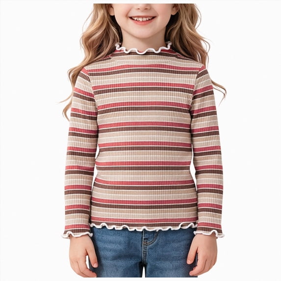 Girls' Long Sleeved T Shirt Round Neck Top Back-to-School T Shirts Kids Crewneck Fall Winter Tops Basic Tees 2-3 Years Brick Red T Shirts