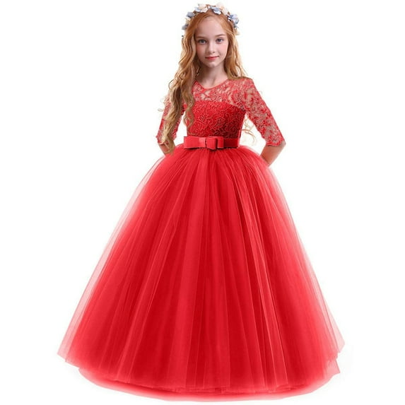 Girls' Long Sleeves Pageant Dresses Lace Aline Princess PromDress Formal Ball Gowns