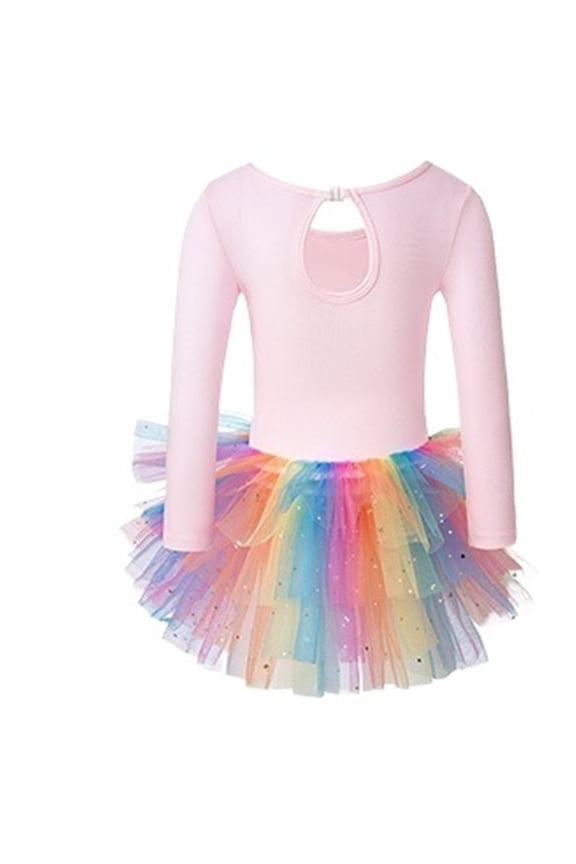 Girls Long Sleeves Tutu Dance Dress Ballet Leotard For Practice With Glitter Sequin Design And Crotch Snap Skirt