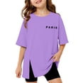 thumbnail image 1 of Girls Long Split Hem Short Sleeve T-Shirt Paris Letter Graphic Tee For Teen Toddler Kids 3-16 Years Daily School Wear, 1 of 4