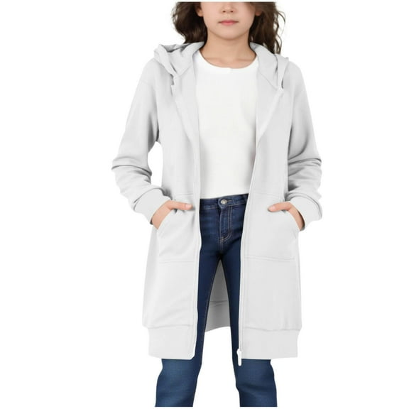Girls Long Sweatshirt Jacket Full Zip Up Hoodie Coat with Pockets 5-14Y Solid Hooded Casual Fall Fashion Clothes (160, White)