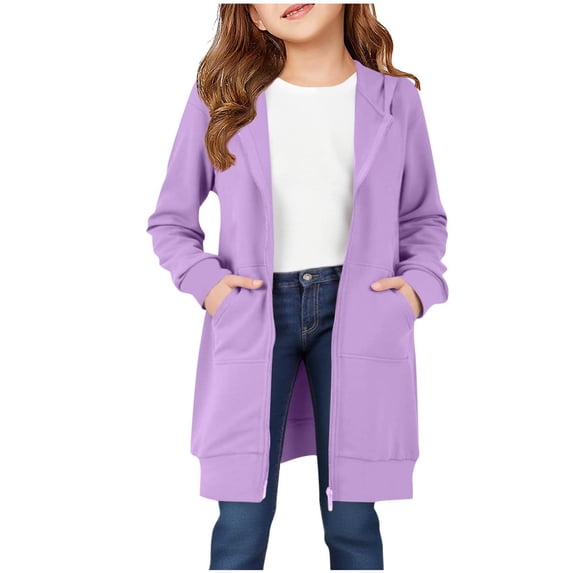Girls Long Zip Up Hoodie Jacket, Teen Casual Loose Long Sleeve Hooded Sweatshirt Coat with Front Pockets, Kids Solid Lightweight Outerwear for Daily Outdoor School Wear(Purple,13-14 Years)