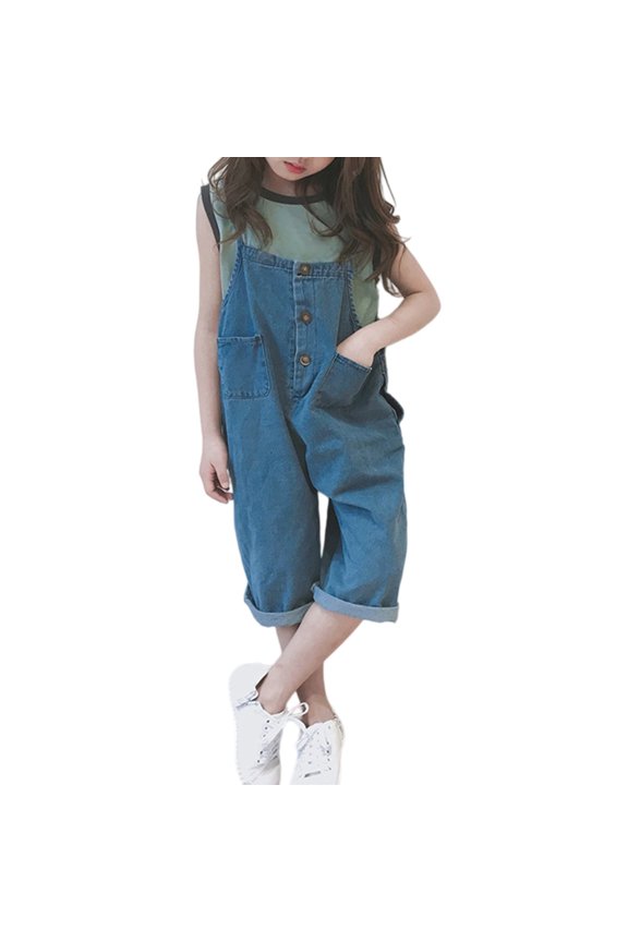 Girls' Loose Baggy Cropped Bib Jumpsuit, Soft Light Washed Denim for Preschool Courses and Indoor Kindergarten Group Activities Light Blue 100