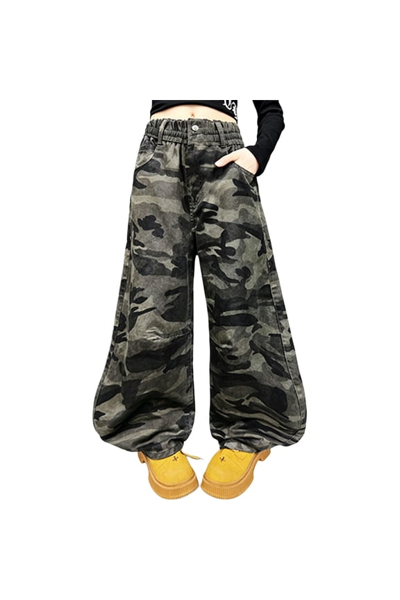 Girls' Loose Barrel Camouflage Trousers, Relaxed Baggy Cut with Side Pockets for School Daily Casual Wear Blackish Green 170