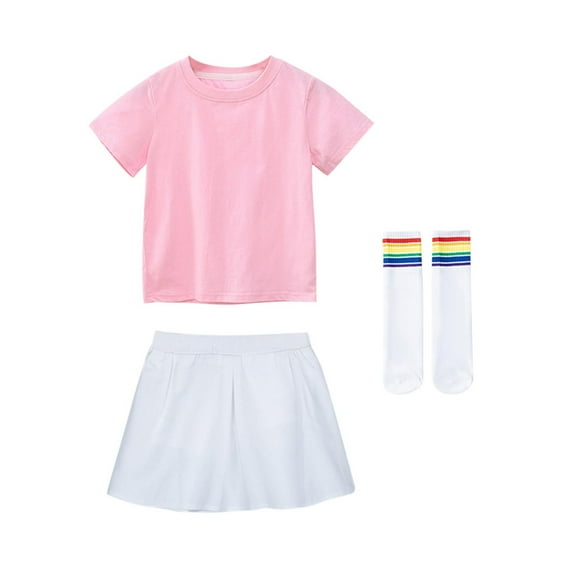 Girls' Loose Casual Solid Color Set Round Neck Short Sleeve T-shirt Elastic Waist Skirt Socks 3-Piece Cheerleading Performance Dress Short