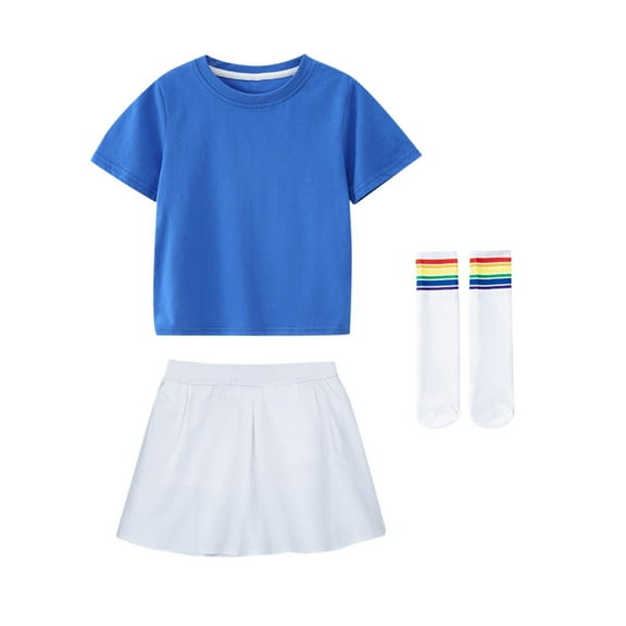 Girls' Loose Casual Solid Color Set Round Neck Short Sleeve T-shirt Elastic Waist Skirt Socks 3-Piece Cheerleading Performance Dress Short