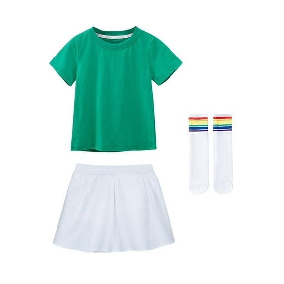 Girls' Loose Casual Solid Color Set Round Neck Short Sleeve T-shirt+Elastic Waist Skirt+Socks 3-Piece Cheerleading Performance Dress Short