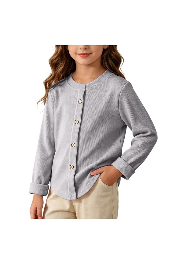 Girls Loose Fit Round Neck Rib Knit Button Cardigan, Curved Hem Cuff Sleeve Lightweight Layering Jacket Gray 13-14 Years