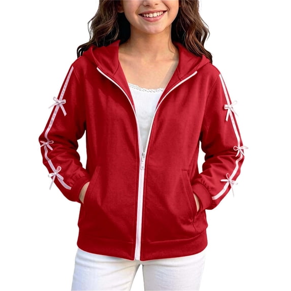 Girls Loose Fit Zip Front Hooded Jacket, Decorative Ribbon Bows Drawstring Hood Sweatshirt, Cozy Solid Color Outerwear Red 14-15Years