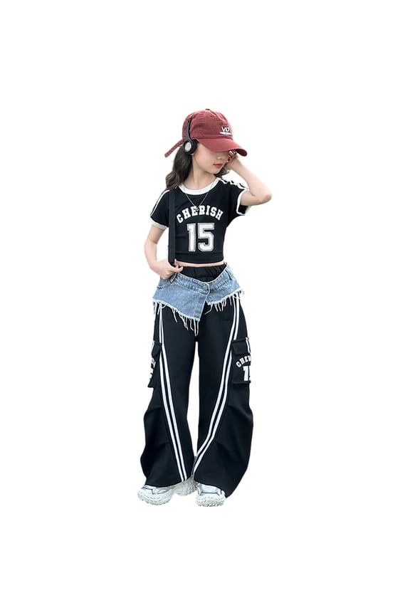 Girls Loose Hip Hop Jazz Dance Pants Relaxed Fit Streetwear Pants Jazz Street Dance Cargo Denim Overalls for Teen Girls Baggy Wide Leg Jumpsuit With Waist Belt and Drawstring Hem