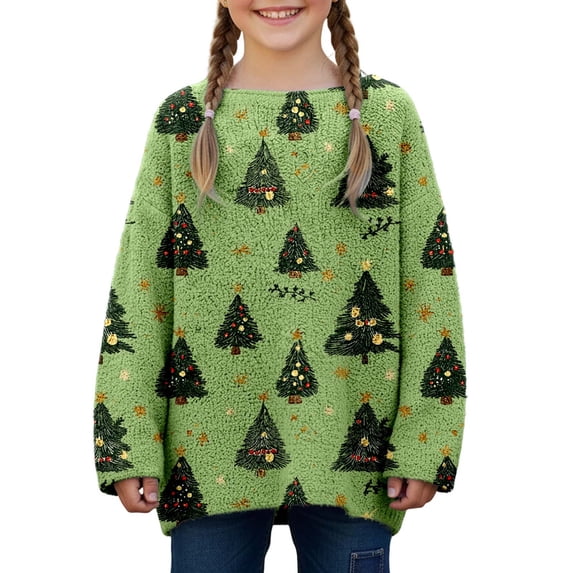 Girls Loose Long Sleeve Crew Neck Knit Sweater Christmas Tree Graphic For Fall Winter Daily Layering Wear