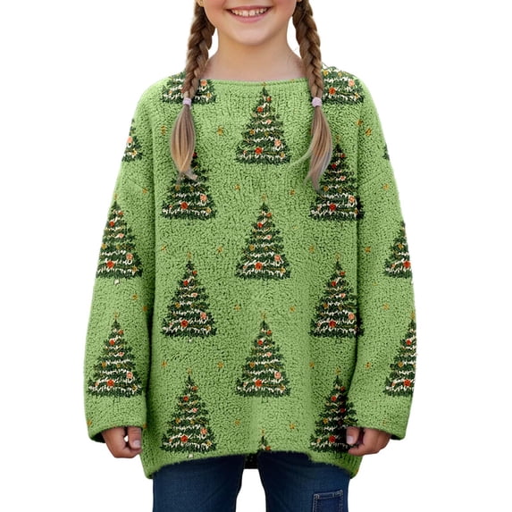Girls Loose Long Sleeve Crew Neck Knit Sweater Christmas Tree Graphic For Fall Winter Daily Layering Wear