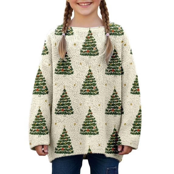 Girls Loose Long Sleeve Crew Neck Knit Sweater Christmas Tree Graphic For Fall Winter Daily Layering Wear
