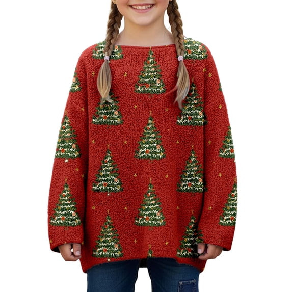 Girls Loose Long Sleeve Crew Neck Knit Sweater Christmas Tree Graphic For Fall Winter Daily Layering Wear
