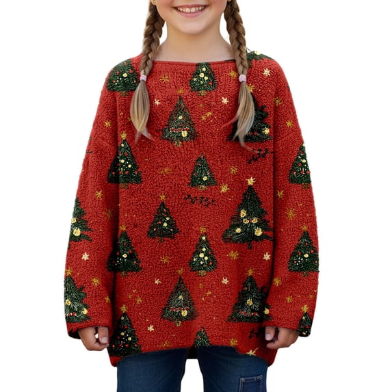 Girls Loose Long Sleeve Crew Neck Knit Sweater Christmas Tree Graphic For Fall Winter Daily Layering Wear