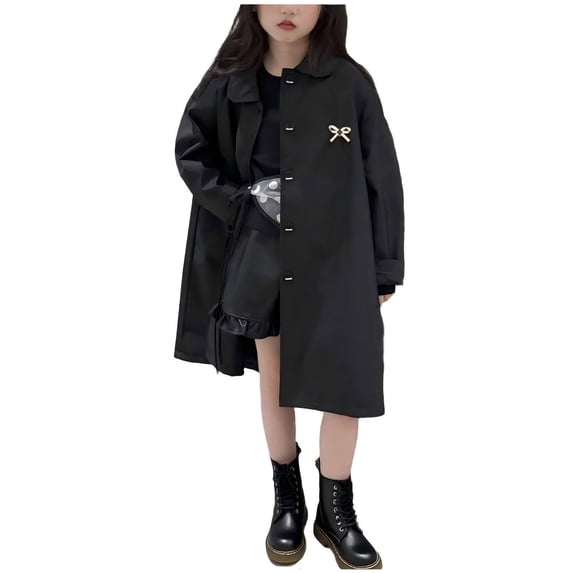 Girls Loose Trench Coat Mid Length Single Breasted Lapel Collar Fashion Casual Windbreaker Long Jacket Outerwear (7 Years, Black)