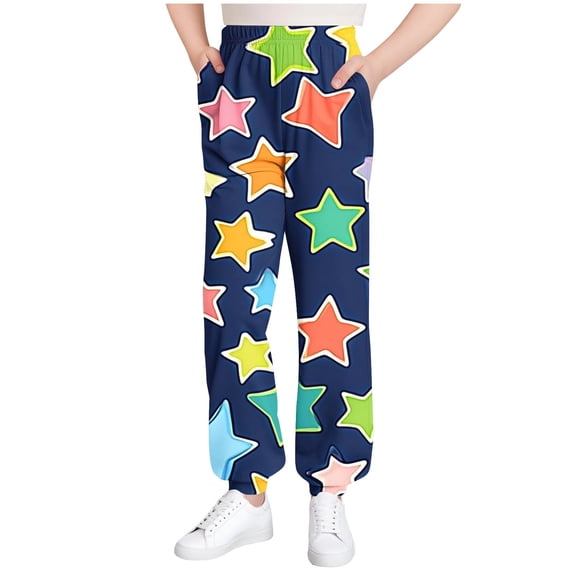 Girls Lounge Pants 5t Casual Star Joggers Pants with Pockets Pull-On Soft Casual Kids Fall Trousers Navy, 9 T