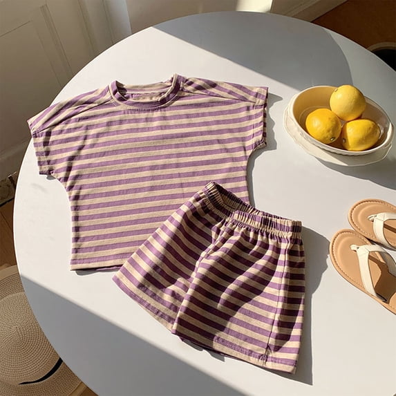 Girls Lounge Sets Stripes Short Sleeve Fashion Comfy Crew Neck T-shirts & Shorts Soft Two Piece Set Purple 12Months-7Years