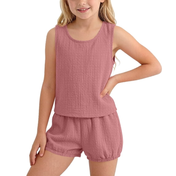 Girls Lounge Shorts Sets Sleeveless Tank Tops Bubble Bottoms Casual Summer 2 Piece Going Out Outfits Pink, 5 Years