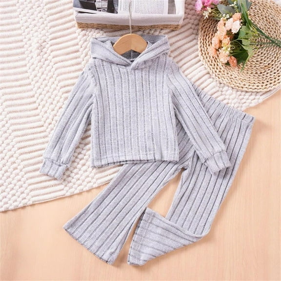 Girls Loungewear Pajamas New Children's Solid Color Long Sleeved Hooded Tops with Elastic Waist Long Pants Casual and Comfortable Suit Style B-37 Gray 1 Years
