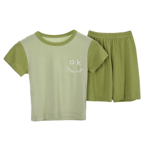 Girls Loungewear Set Short Sleeve Letter Print Tops and Shorts 2 Pieces Summer Pajamas Outfits Light Green 4-5 Years