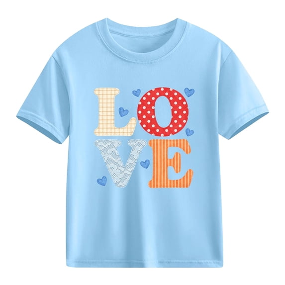 Girls Love Graphic T-Shirt | Valentine's Day Short Sleeve Cotton Top | Soft Kids Tee for Girls 4-10 Years | Light Blue,Size 4 T