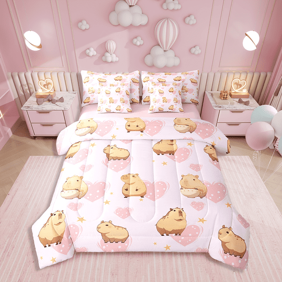 Erosebridal Love Heart Bedding Set Twin Size 7 Piece Bed In A Bag,Capybara Twin Comforter Set For Kids Children,Super Soft All Season For Bedroom,Cute Animal Pink Reversible Bed Sets