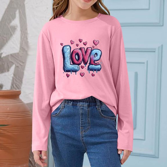 Girls Love Heart Graphic Long Sleeve T-Shirt, Kids Soft Stretch Casual Top for Kids Big Girl Youth, Pink,Size 2-3 T