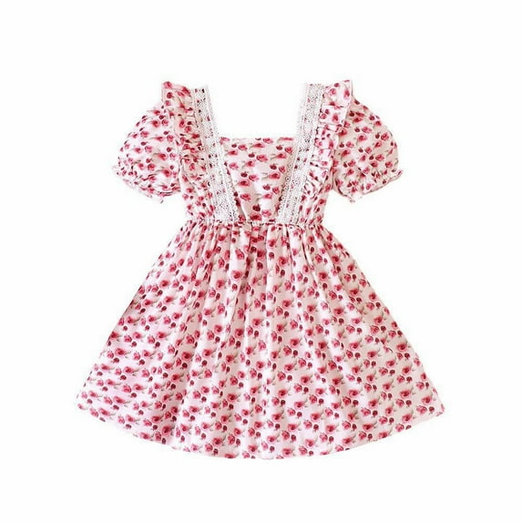 Girls Lovely Elegant Dress Children New Summer Puff Sleeve Cute Lace Cute Printing Skirt Trendy Fit Clothes Bodycon Casual Dailywear Comfy Fashion Dresses
