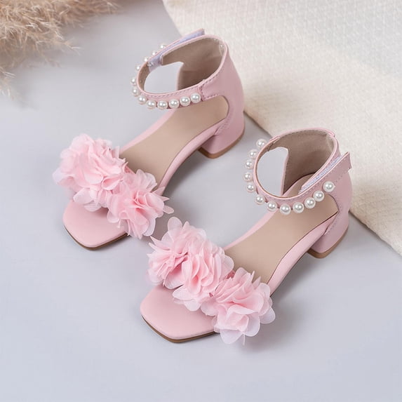 Girls Square Toe Block Heel Sandals 3D Chiffon Flower Pearl Ankle Strap Dress Shoes for Party Wedding Pink 11.5