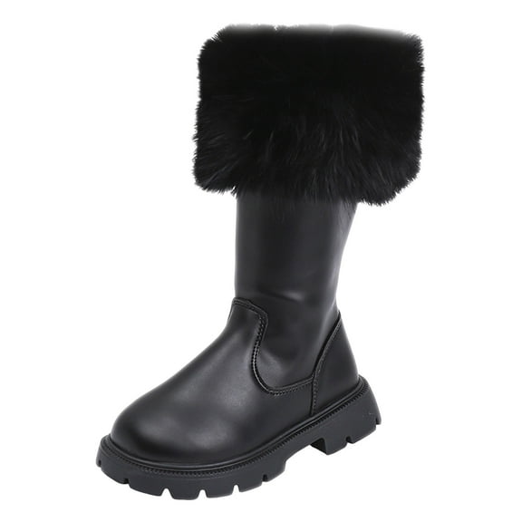 Girls Low Heel Knee High Fluffy Princess Boots Non Slip Winter Warm Slip On Knee Length Riding Booties