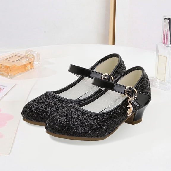 Girls Low Heels Princess Shoes Glitter Sequins Mary Jane Shoes Color Black Size 7-8 Years