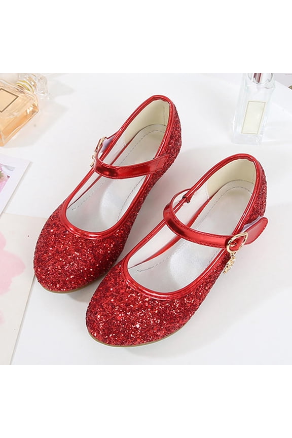 Girls Low Heels Princess Shoes Glitter Sequins Mary Jane Shoes Color Red Size 12-13 Years