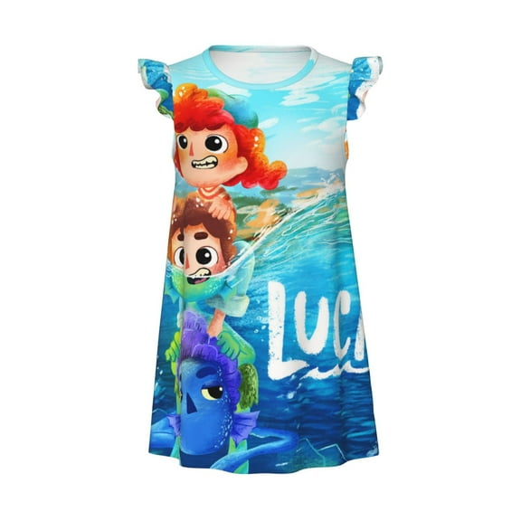 Girls Luc Graphic Flutter Sleeve Soft Fabric Casual Dress for Home Sleep Dress Party Outdoor