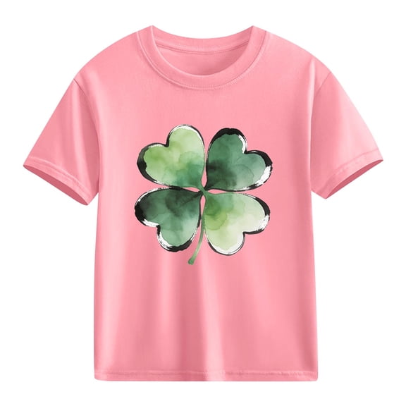 Girls Lucky Clover St Patricks Day Tshirt | Kids Short Sleeve Cotton Graphic Tee, Pink Four Leaf Clover Print Crew Neck Top for Holiday & Casual,Size 5 T