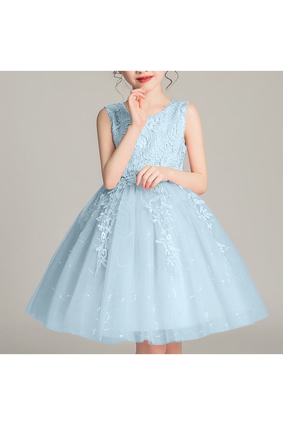 Girls Luxury Pageant Tutu Dress 2-14 Years Sleeveless Round Neck Fluffy Tulle Long Dress Elegant Princess Gown for Wedding Party Host Stage Show and Formal Evening Events Light Blue