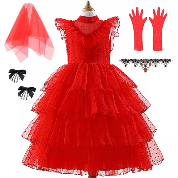 Girls Lydia Deetz Costume Dress with Accessories Halloween Outfits Set for 3-10Y