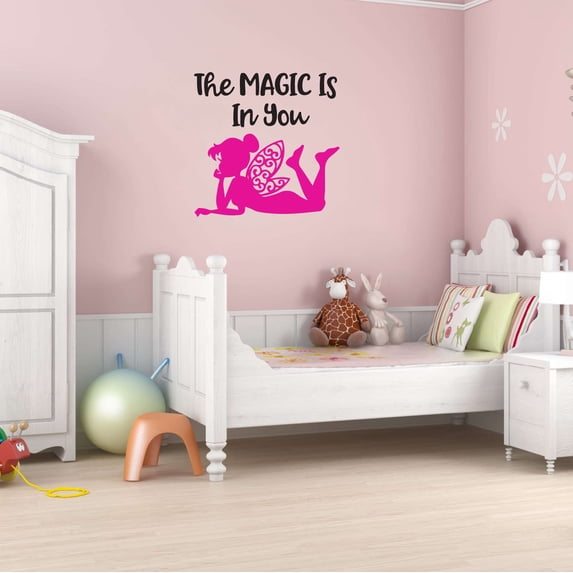 Girls The Magic is in You Cute Quotes & Sayings Wall Decal Decoration Winged Pink Fairy Cartoon Vinyl Wall Decal Lasts Years and Easily Removable - Size: 40 In(W) x 40 In(H)