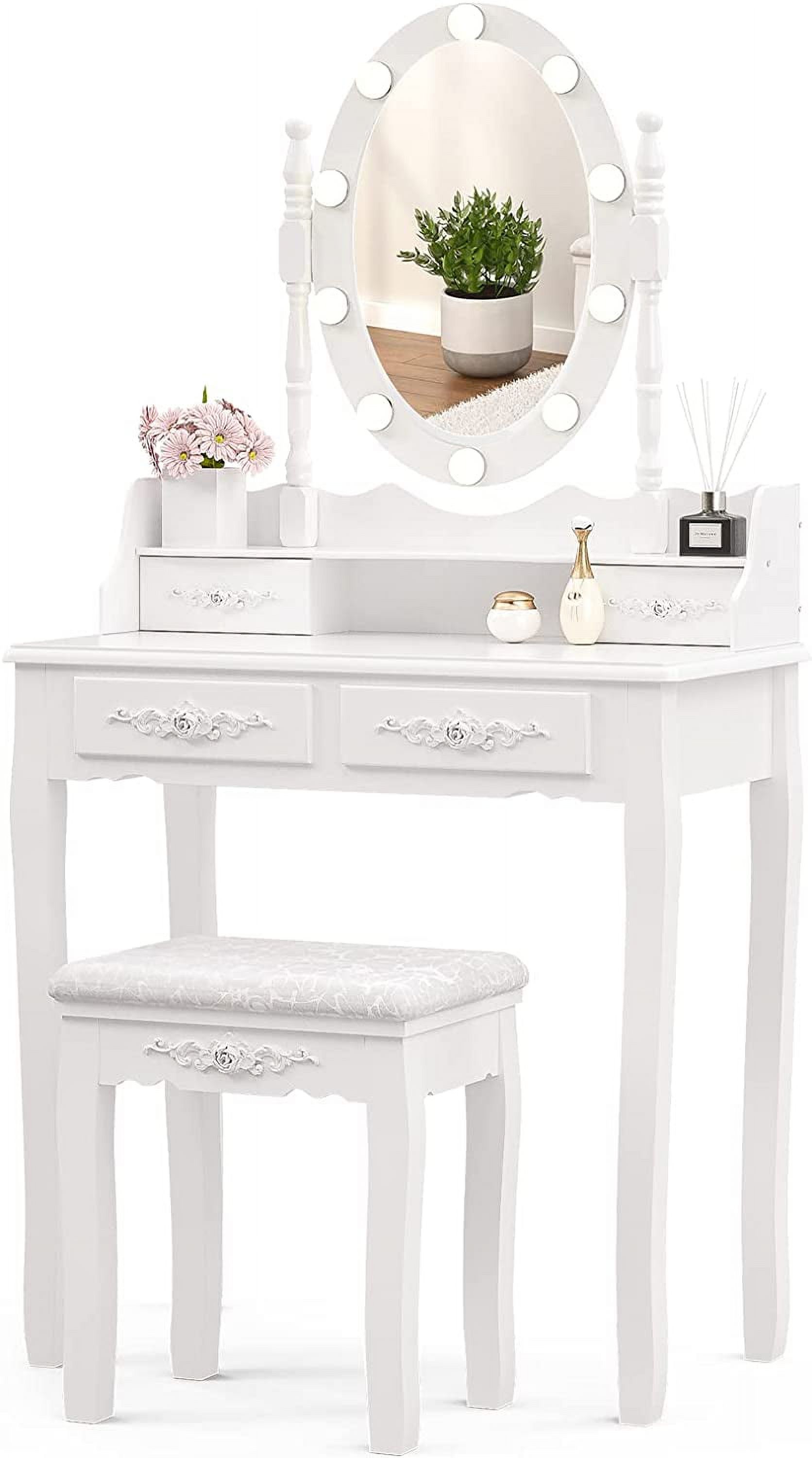 Girls Makeup Vanity Set, Dressing Table Desk with Lighted Mirror and 