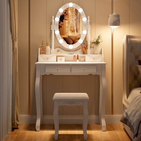 Girls Makeup Vanity Set with 360 Rotating Dimmable LED Hollywood Mirror, 4 Drawers, Cushioned Stool for Bedroom Bathroom
