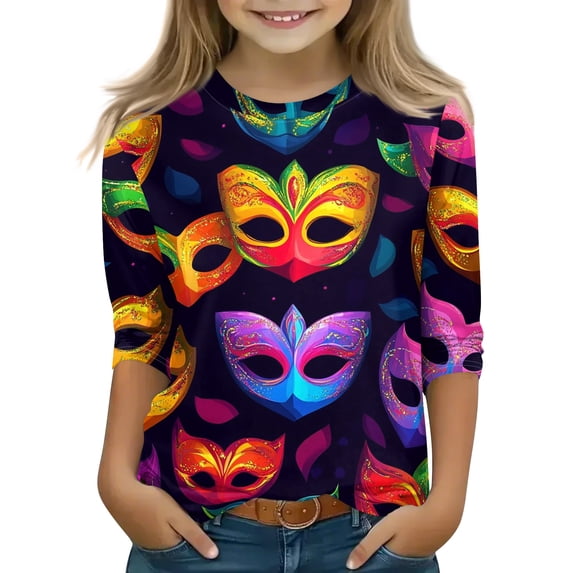 Girls Mardi Gras Shirt New Orleans Carnival Top for Toddler and Kids, 3/4 Sleeve Sequin Mask Graphic Tee for Fat Tuesday Holiday Outfit