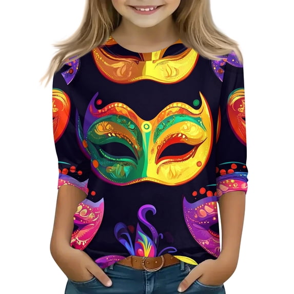 Girls Mardi Gras Shirt New Orleans Carnival Top for Toddler and Kids, 3/4 Sleeve Sequin Mask Graphic Tee for Fat Tuesday Holiday Outfit