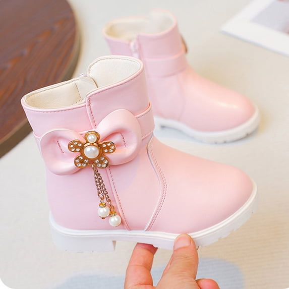 Girls' Martin Ankle Boots Pearl Floral Bow Side Zip Block Heel Waterproof Fleece Lined Anti-Slip Sole for Princess Cold Outdoor Wear, Snow Boots for Girls 4-11 Years Pink 5-5.5 Years