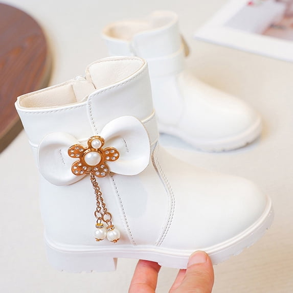 Girls' Martin Ankle Boots Pearl Floral Bow Side Zip Block Heel Waterproof Fleece Lined Anti-Slip Sole for Princess Cold Outdoor Wear, Snow Boots for Girls 4-11 Years White 5-5.5 Years