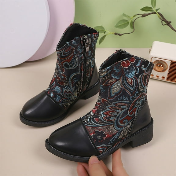 Girls Martin Boots British Style Chunky Heel Embroidered Retro Vintage Soft Sole Mid Calf Boots Children Footwear Fall Winter Casual Fashion New Arrival
