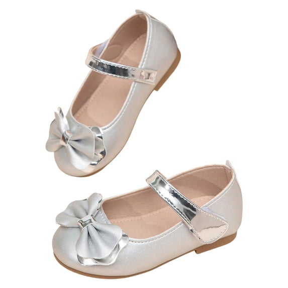 Girls Mary Jane Dress Shoes Bow Uniform School Shoes Summer Closed Toe Ballet Flat Shoes for Wedding Party Silver 8.5 Toddler