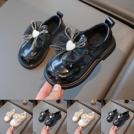Girls Mary Jane Flats Princess Shoes Rhinestone Heart Bow PU Dress Shoes with Hook and Loop Strap Non Slip Soft Sole Footwear for Wedding Party and Daily Casual Wear Black 35