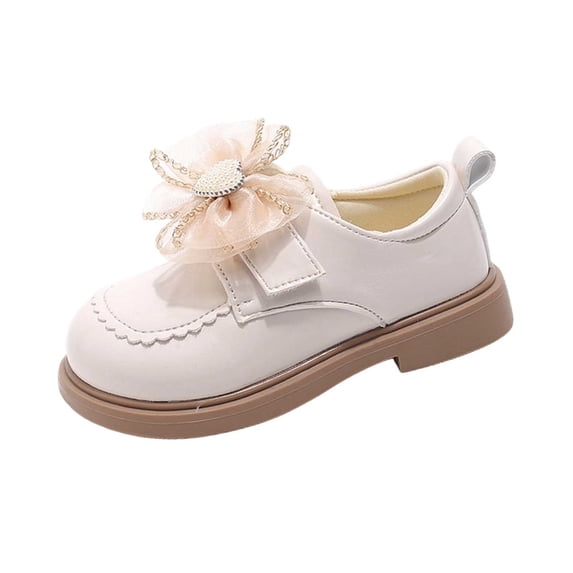 Girls Mary Jane Flats Princess Shoes Rhinestone Heart Bow PU Dress Shoes with Hook and Loop Strap Non Slip Soft Sole Footwear for Wedding Party and Daily Casual Wear Beige 31