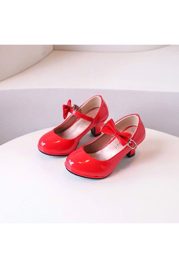 Girls' Mary Jane Patent Leather High Heels - Pink/Red Bow Accent Dress Shoes for Parties & Special Occasions